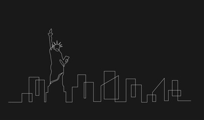 Continuous Line Drawing of Modern City Skyline Silhouette with Iconic Skyscraper on Black Background