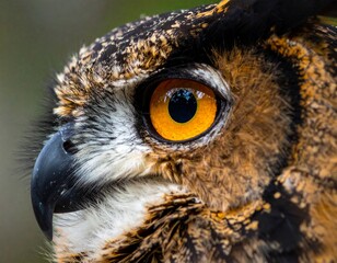 Close-up of a majestic owl's eye, showcasing detailed feathers and vibrant orange iris