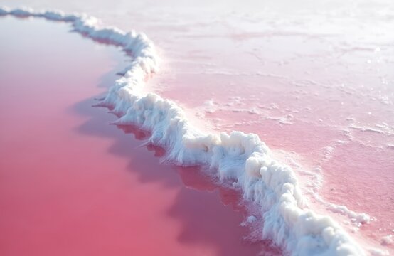 Pink salt lake water edge with white mineral deposits creating natural abstract texture. Salty lagoon water reflects sky creating soft pastel colors.