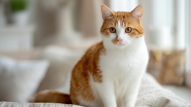 Cute orange and white cat sitting on a couch and looking at camera.