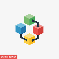 Fototapeta premium Abstract representation of interconnected colored blocks symbolizing system integration and data flow.