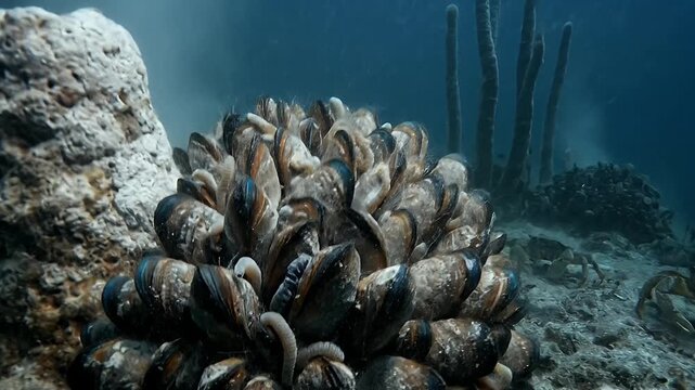 Dense Colony of Mussels Attached to Rock on the Ocean Floor