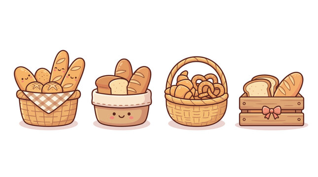 bread basket cute cartoon vector set , isolate on a white background. SVG and PNG