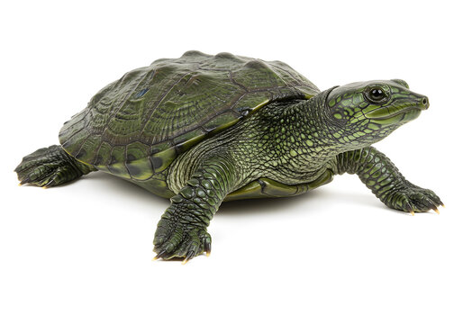 a green turtle with a dark green shell and yellow stripes on a white background