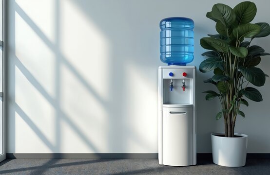 White water cooler stands by office wall. Blue top bottle holds liquid. Red and blue taps dispense drinks. Green plant adds office decor. Refreshment station provides hydration.