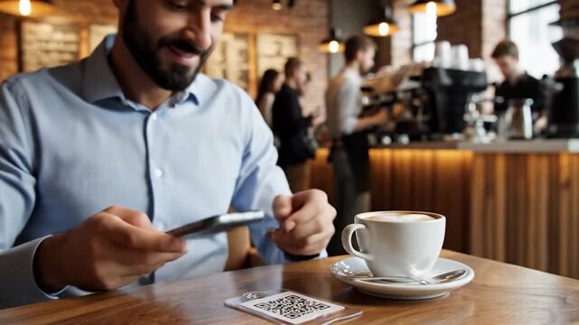 Man uses smartphone QR code for contactless payment at coffee shop