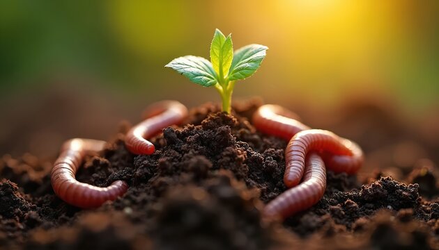 Red earthworms move through rich soil near a small green plant sprout. Sunlight shines brightly on the ground, illuminating the natural scene of life and growth. Life cycles and fertility.