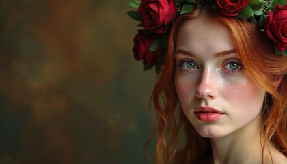 Fototapeta premium Red-haired woman wears rose wreath. Green eyes, freckles visible. Soft makeup, gentle lips. Painterly studio portraiture style. Classic beauty, elegant pose.