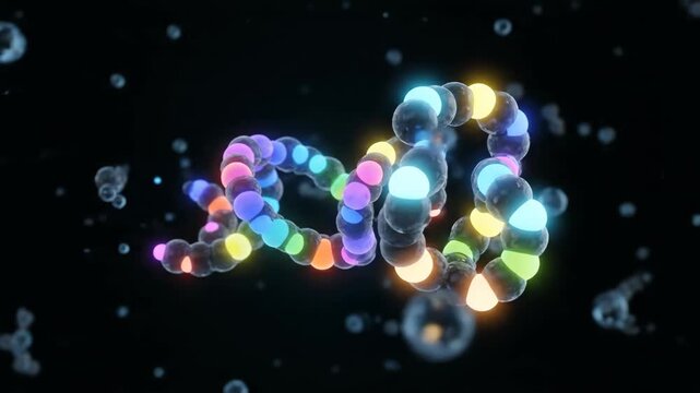 3D Animation of Rainbow Amino Acid Chain Folding into Complex Protein Structure