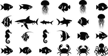 Fototapeta premium Collection of black sea creature silhouettes
