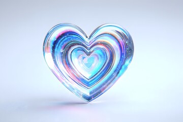 Fototapeta premium Iridescent glass heart sculpture with layered reflective curves on light background
