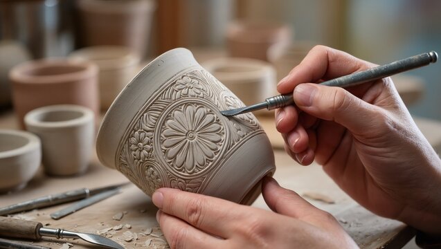 Hands of a potter carving intricate floral designs on a clay pot in a well-lit workshop with various pottery pieces and tools in the background