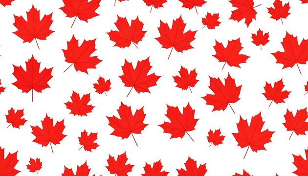 A pattern of red maple leaves, in varying sizes, scattered on a clean white background. Leaf shapes repeat in a dynamic arrangement