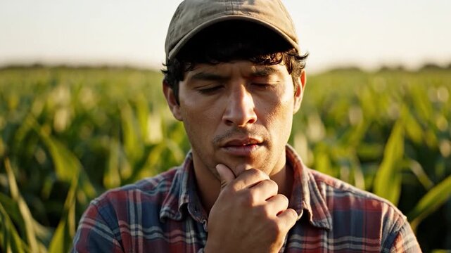 A thoughtful man in a cap and flannel shirt in a field, gazing intently