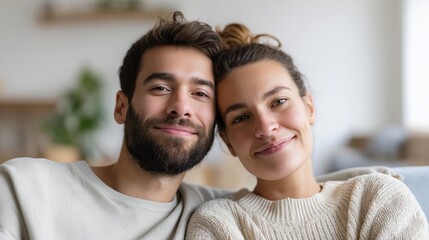 Obraz premium Portrait of a happy couple sitting together at home leaning heads.