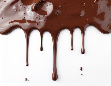Close-up of rich, dark brown chocolate sauce dripping and splashing on a clean white background with a smooth, glossy texture.