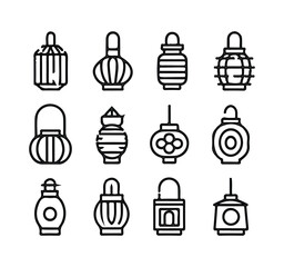 Collection of asian holiday traditional decorative lantern outline vector icons illustration set