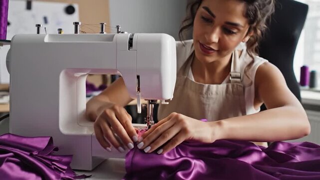 A person sews fabric on a sewing machine, creating a garment in a bright studio