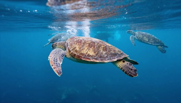 sea turtles swimming slowly in open ocean perfect for world wildlife day