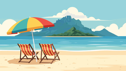 Fototapeta premium Peaceful beach with colorful striped chairs and umbrella overlooking calm blue sea and massive green mountains on tropical island.