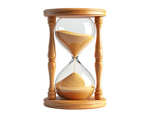 Classic wooden hourglass, transparent glass globes, sand flowing to bottom