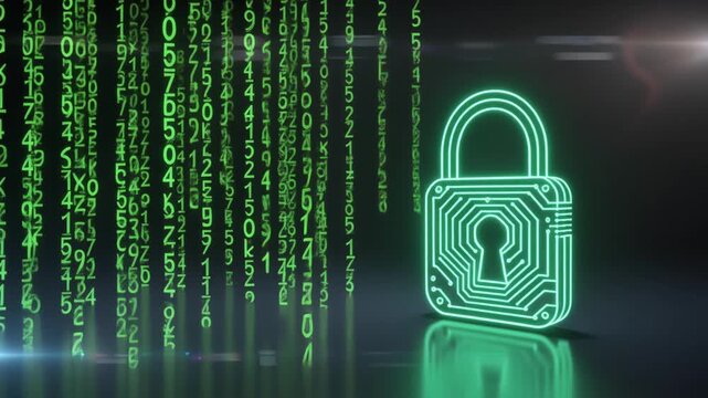 Glowing green digital padlock with falling binary code on a dark reflective surface digital security