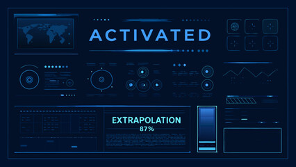 Futuristic interface displaying activated status and data visualizations