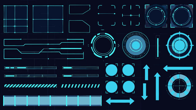 Futuristic user interface elements with glowing blue lines on dark background