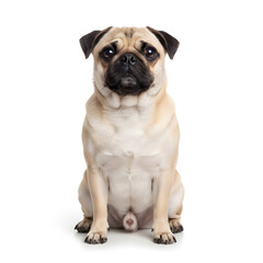 Obraz premium An adorable group of young French and English bulldog puppies along with a cute pug sit isolated on a white background in this studio portrait of purebred domestic pets