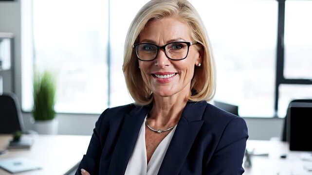 Portrait of a smiling, professional woman in glasses, arms crossed, in a modern office