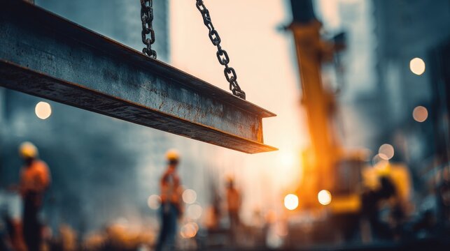 Real Estate industry crane lifting steel beams for high-rise on blurred background 