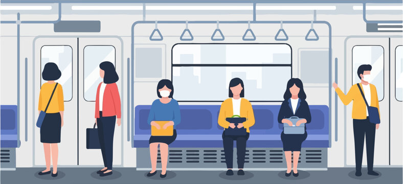 People wearing masks ride a train, some sit and some stand