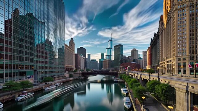 Chicago Riverwalk Cityscape with Boats and Skyscrapers.