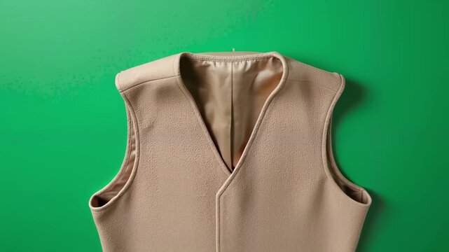 Tan Sleeveless Vest on Green Background.