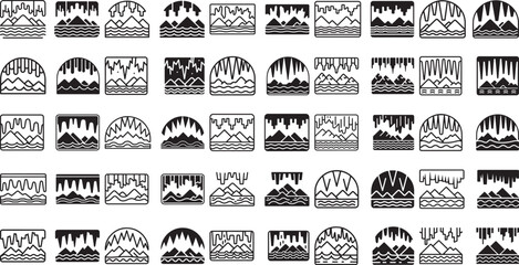 collection of various landscape icons with mountains and water  simple designs