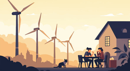 Fototapeta na wymiar People work and relax at home near windmills during daytime