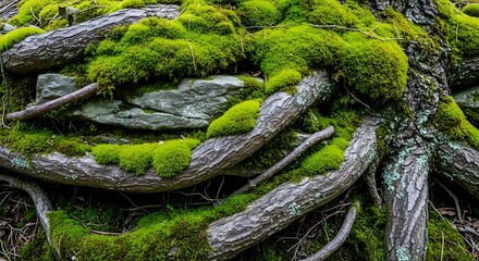 Extreme close-up of vibrant lime green moss covering weathered stone and exposed roots.
