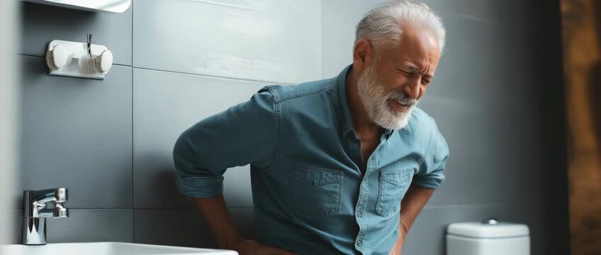 Senior man experiencing stomach pain while sitting in a bathroom, digestive problems, constipation