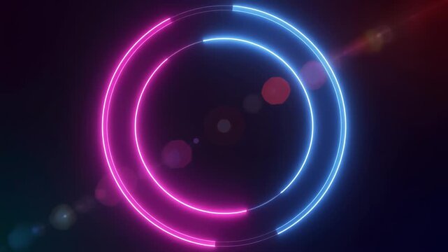 Two glowing neon circles slowly rotating on a dark background, vibrant blue and pink neon li