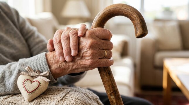 Elderly hands gripping a wooden walking cane A decorative heart object rests on the lap with a knitted blanket