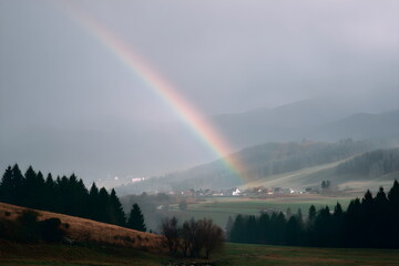 Fototapeta premium Rainbow arching over misty landscape with hills and trees 