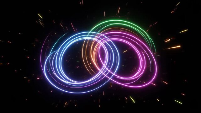 Two glowing neon circles slowly rotating on a dark background, vibrant blue and pink neon li