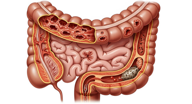 Anatomical illustration of the human colon with diverticula and fecal impaction Keywords: colon, large intestine, anatomy, human body, digestive system, diverticulitis, diverticulum, diverticula
