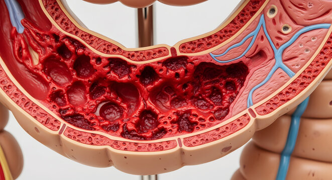 Anatomical model showing a cross-section of the large intestine with severe inflammation and diverticula
