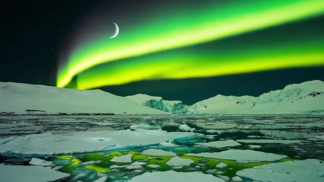 Aurora borealis illuminates ice floes under a crescent moon in a snowy landscape view at night arctic landscape video