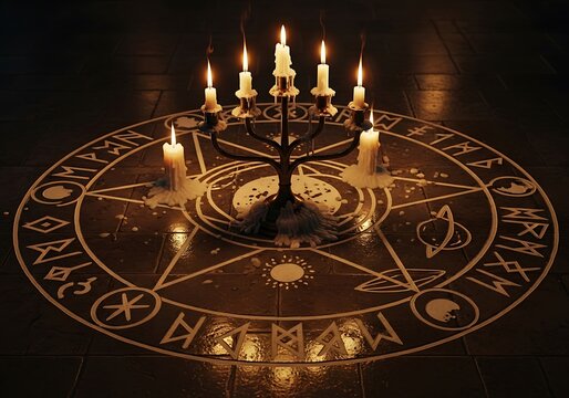 Illuminated ritualistic circle with candelabra rests upon a dark, tiled floor