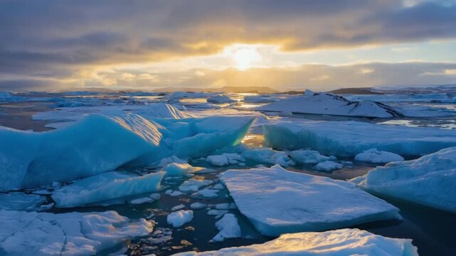 A landscape of icebergs floating on water under a cloudy sky at sunset or sunrise view scene arctic landscape video