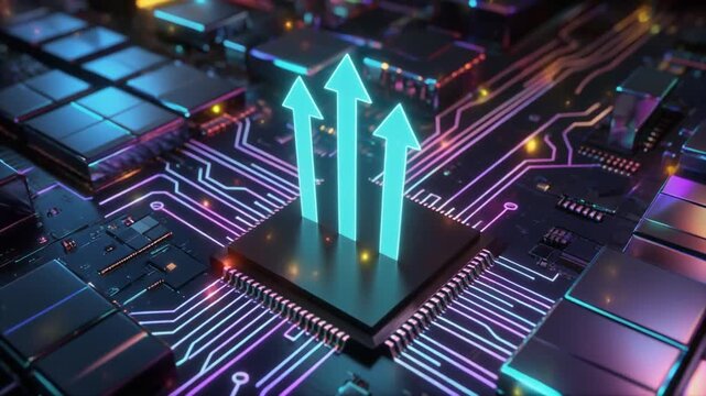 Three glowing blue arrows emerging from a central computer chip on a circuit board with neon lights