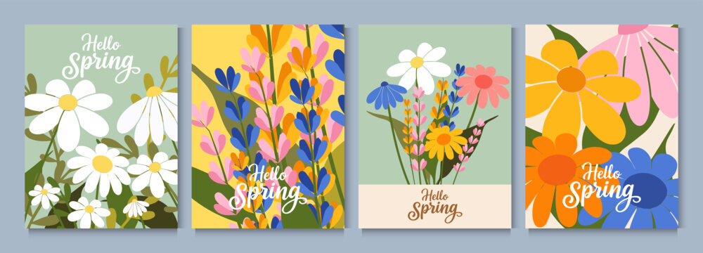 Spring and summer templates with beautiful blossom flowers and nature.set of cards with cute meadow flowers. Floral botanical for holiday  poster, invitation, social media post, Mother's Day, Easter.