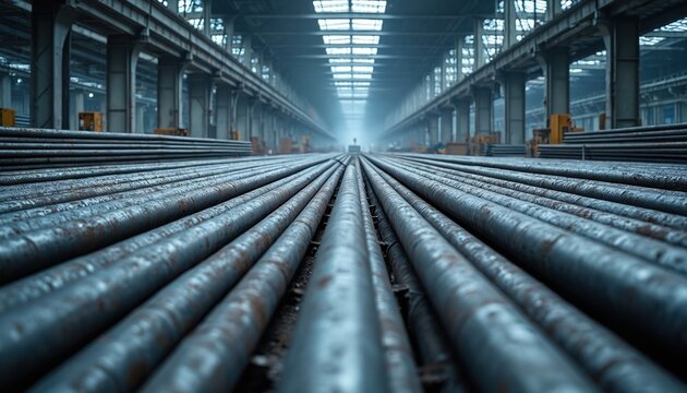 Massive steel bars neatly stacked in a vast industrial warehouse. Rows of round metal rods stretch into the distance, highlighting the expansive storage space and organized layout of raw materials.